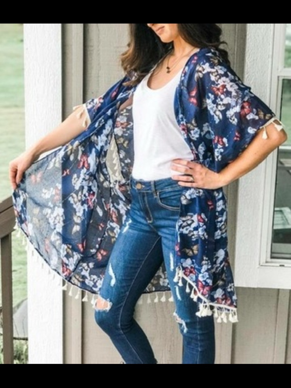 Navy Floral & Butterfly Sheer Kimono